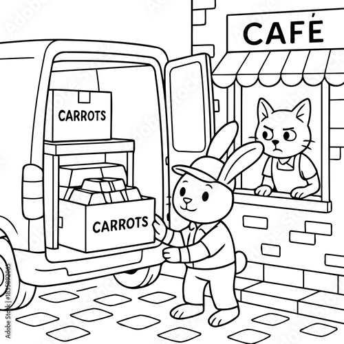 Bunny Delivering Carrots at a Cafe: A diligent bunny in a delivery uniform unloads crates of fresh carrots from his van at a charming cafe, the recipient cat looking on with anticipation.