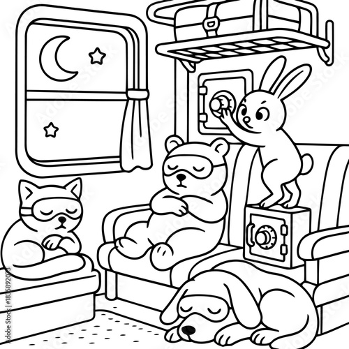 Nighttime Railway Adventure: A charming illustration depicts adorable animal characters slumbering peacefully on a night train. A playful bunny seems to be mischievously investigating something.