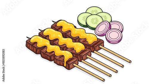 Delicious Grilled Meat Skewers with Savory Sauce and Fresh Vegetables, Sate illustration Indonesian food