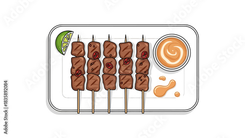 Delicious Grilled Meat Skewers Served with Creamy Dipping Sauce and Lime Wedge on White Plate, Sate illustration Indonesian food