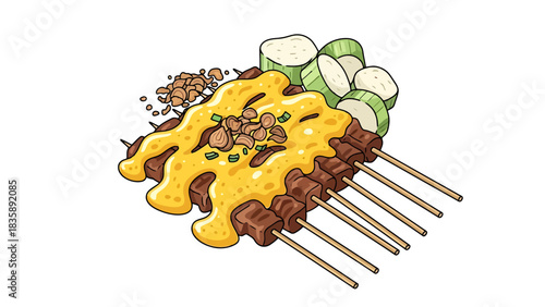 Delicious Skewered Meat with Creamy Sauce and Garnish Illustration For Food Business, Sate illustration Indonesian food