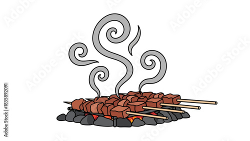 Delicious Skewers Grilling Over Hot Coals with Rising Steam Food Illustration