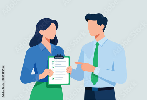 Two faceless people, a woman in blue and green holding a checklist. A man points to it