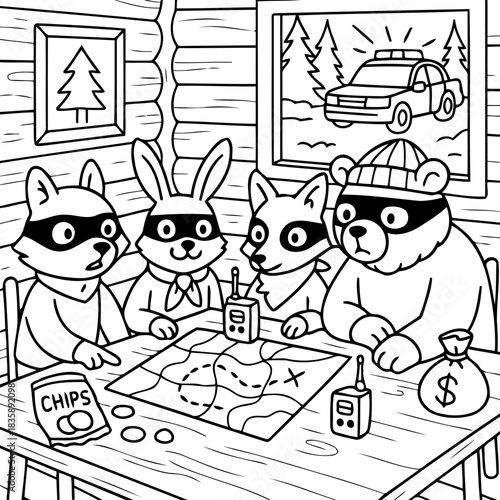 The Animal Gang Planning a Heist: A comical illustration depicts a band of cartoon animals strategizing a caper. They gather around a table with a map and chips.