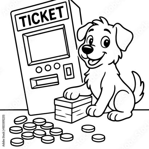 Pup and Ticket Machine: A cheerful puppy interacts with a ticket machine, suggesting an adventurous outing. This whimsical illustration exudes a sense of anticipation and fun.