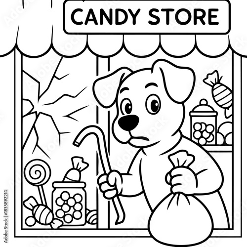 Dog in Candy Store: An adorable canine is caught in the midst of a sweet heist, holding a bag of goodies and a mischievous look. The scene depicts a whimsical candy store.
