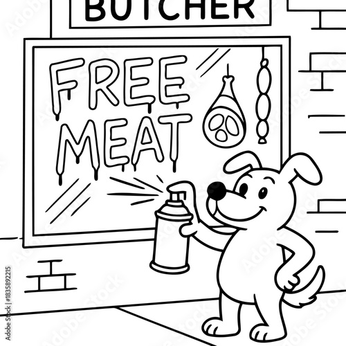 Dog's Graffiti on Butcher's Sign: A playful cartoon dog employs a spray can to create a tempting message FREE MEAT on a butcher shop's advertisement.