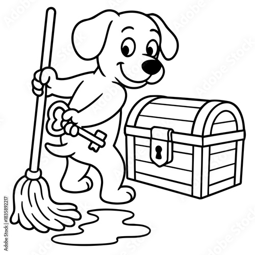 Puppy's Secret Adventure: An animated puppy, key in paw, stands proudly beside a mysterious treasure chest and mop, depicting a whimsical adventure for children.
