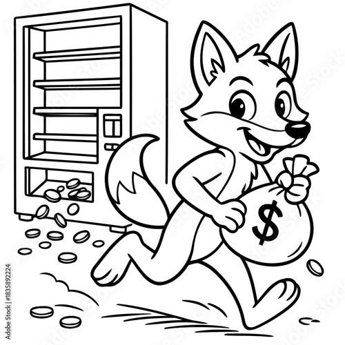 Fox with Bag in Front of Vending Machine: A clever cartoon fox is depicted fleeing with a bag of money near a vending machine, suggesting mischief and playful transgression.
