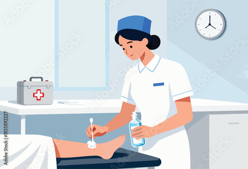 A medical illustration shows a nurse cleaning a wound on a patient's leg in a clean, brightly lit room