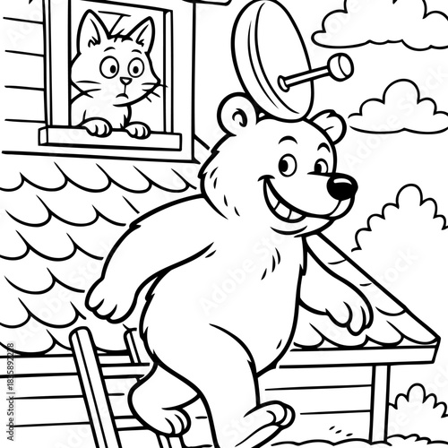 Satellite Installation Cartoon: A jovial bear strides confidently on a rooftop with a satellite dish atop its head, while a curious cat watches from a window.