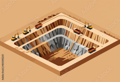Isometric illustration of a layered open-pit mine, with excavators, haul trucks, and a staircase