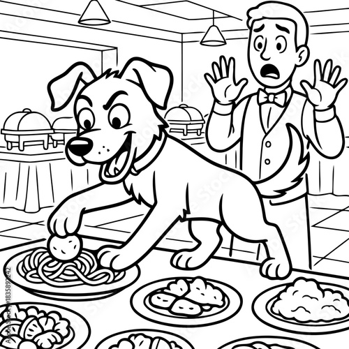 Unexpected Guest at the Buffet: A cartoon illustration captures a comical scene in a restaurant, as an audacious dog reaches for a meatball amidst the bewildered reaction of a waiter.