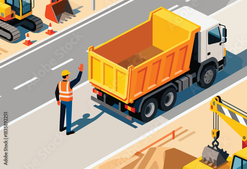 Isometric illustration of road construction with equipment, a worker, and a dump truck