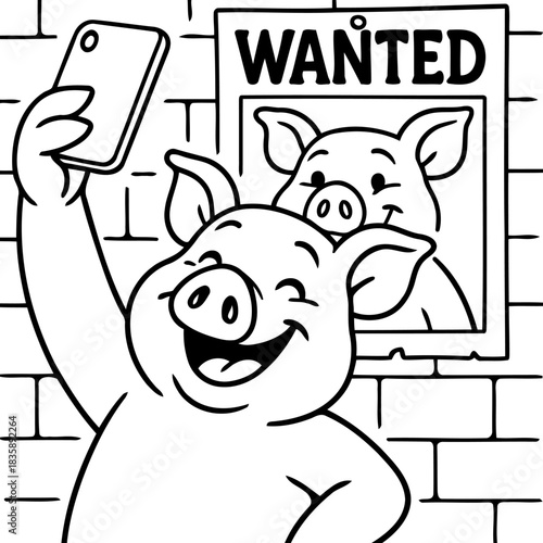 Pig Taking a Selfie in front of Wanted Poster: A whimsical illustration features a cheerful pig taking a selfie with a smartphone. Behind.
