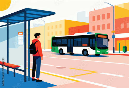 A person waits at a bus stop as a green and white bus arrives on a sunny day in a city