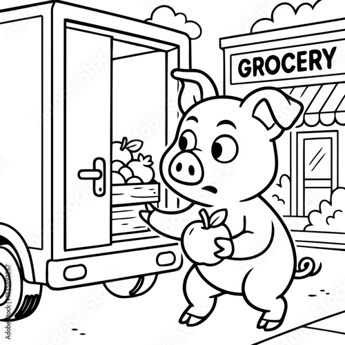 Piglet and the Grocery: A charming piglet carefully unloads a crate of apples from a delivery truck, headed towards a nearby grocery store. This illustration captures the essence of community support.