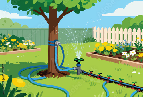 A lush, cartoon garden scene shows watering in progress, tree, flowers in beds, white picket fence, and hose