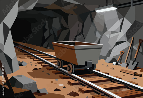 Inside a dark mine, a cart sits on tracks, tools lean against the wall, illuminated by overhead light