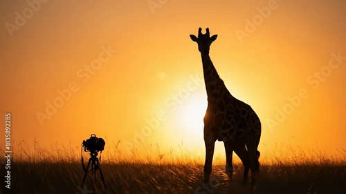 Giraffe and camera silhouette on the African plains under a blazing orange sunset