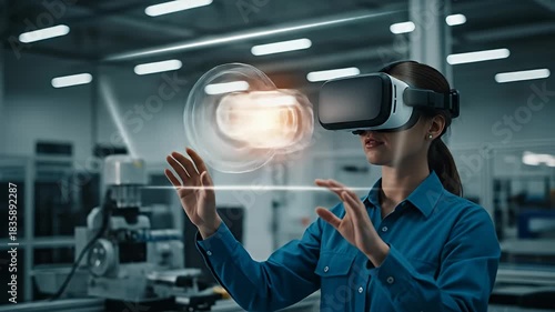 Woman in VR headset interacts with glowing digital interface in an industrial setting