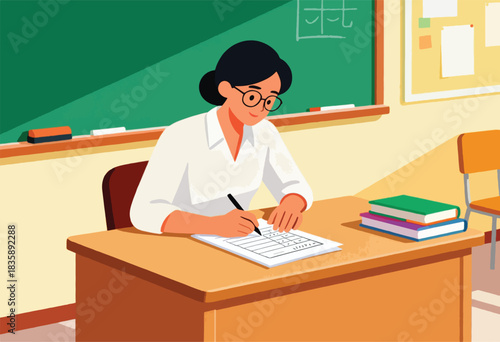 An illustration shows a teacher grading papers at a desk in a classroom with a chalkboard and books