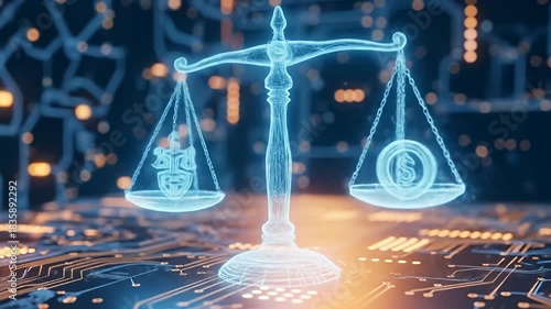 Ethereal blue scales balancing law and money on a glowing circuit board background