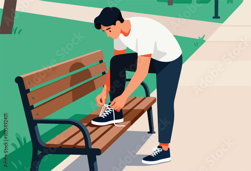 An illustration shows a man tying his shoelaces before a run in a park setting, brown bench