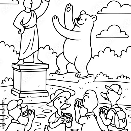 Illustrative Moments: A whimsical illustration captures a group of enthusiastic characters engaged in playful photography near a towering statue.