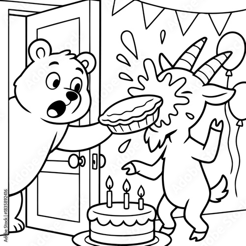 Cake Pie Face: A jovial bear surprising a goat with a pie in the face during a birthday party, framed in the doorway and cake near with balloons. Capturing the humorous side.