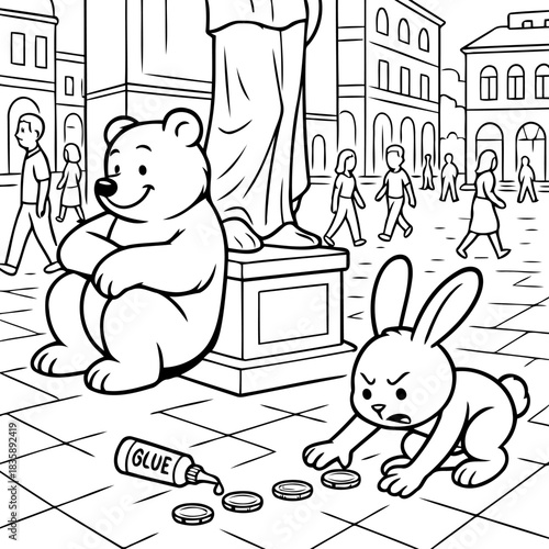 Bear and Bunny Mishap in the City: An illustration captures a playful yet slightly chaotic scene with a bear and a bunny, a bottle of glue, coins and a city backdrop.