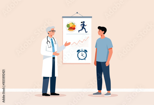 A doctor explains healthy living via a presentation to a patient. Includes food, running, graph, & alarm clock icons
