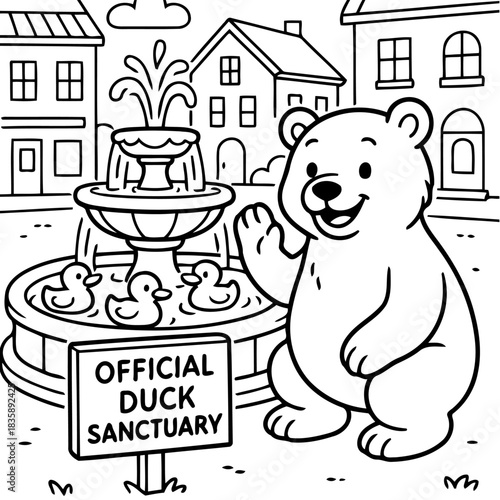 Bear in Sanctuary: An adorable bear, amidst a cartoon townscape, cheerfully greets viewers near a fountain and a sign designating the area an official duck sanctuary.