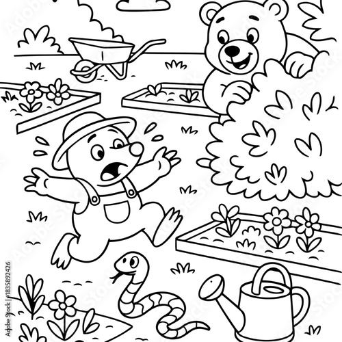 Garden Adventure: In an enchanting monochrome illustration, a startled small animal, donned in overalls and a hat, bolts from a curious snake slithering near a thriving garden.