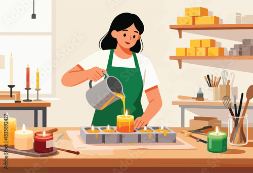 A woman in a green apron pours hot wax into a candle mold. Various candles and crafting tools adorn the table