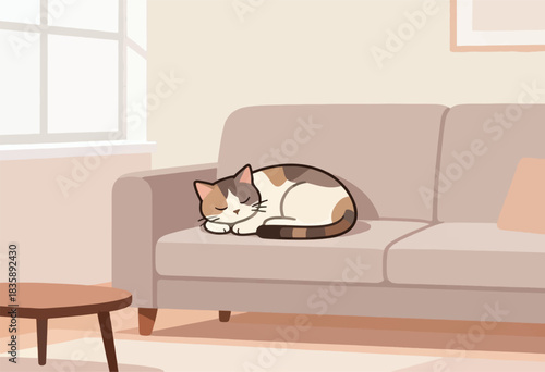 Illustration of a cat sleeping peacefully on a beige sofa in a cozy, minimalist interior scene