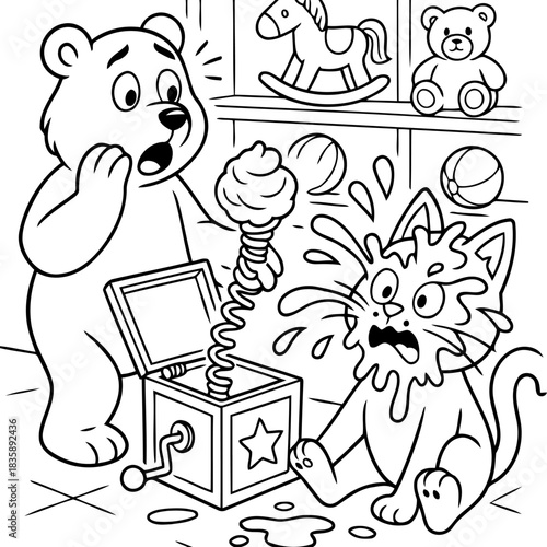 Jack-in-the-Box Mishap: A comical scene unfolds as a jack-in-the-box surprises a cat, leading to a hilarious ice cream mishap, framed by an array of playful toys.