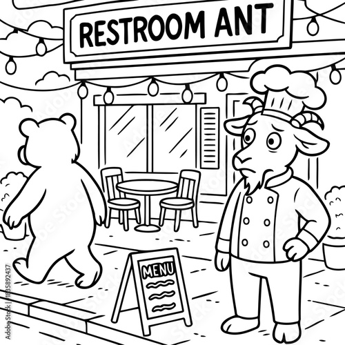 Restroom Ant: A humorous illustration of a goat chef and a bear at a restaurant called Restroom Ant. This drawing, in line art style, shows a scene with an outdoor seating area.