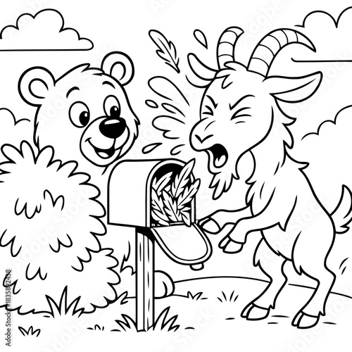 Playful Bear and Goat: In a whimsical scene, a curious bear and a disgruntled goat interact with a mailbox, the cartoon-style illustration radiates childish delight.