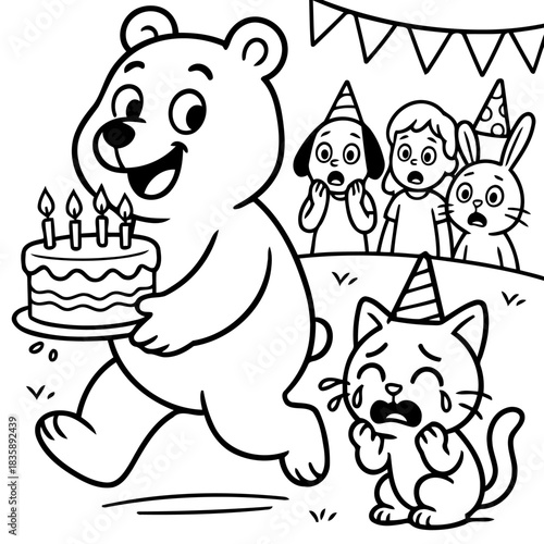 A Whimsical Birthday Bash: An endearing bear, cake in hand, leads a joyful celebration. Friends, including a tearful cat and astonished children, gather for a festive, heartwarming occasion.