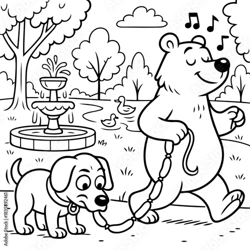 The Bear and His Canine Companion's Serenade: A cheerful cartoon bear enjoys a leisurely stroll with a playful puppy in a park, enjoying the day while accompanied by musical notes. 