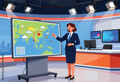 A female news anchor presents the weather forecast using a map display in a studio