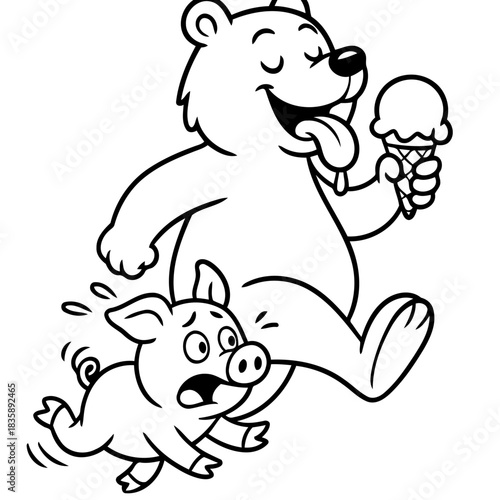 Whimsical Pursuit: A playful illustration depicts a happy bear, savoring an ice cream cone, playfully chasing after a startled pig. The scene is filled with cheerful delight.