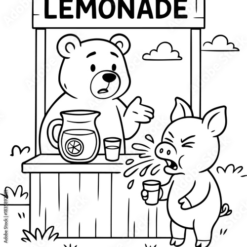 Lemonade Stand Mishap: A cartoon bear, managing a lemonade stand, reacts in surprise as a piglet, tasting the drink, spews it out in a comical reaction.