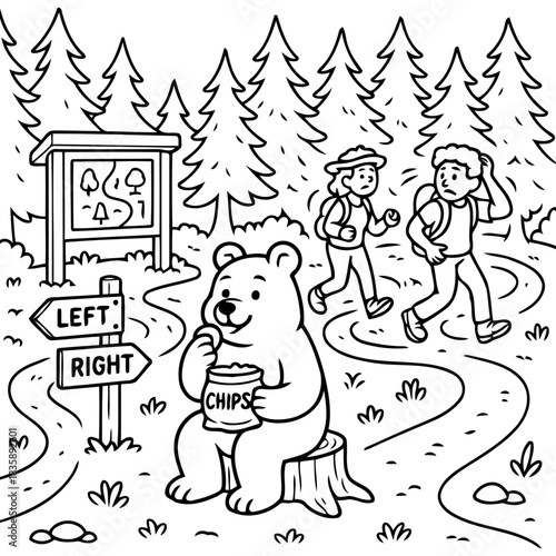 Bear's Trail Snacks: A whimsical illustration depicts a bear enjoying a snack while hikers navigate a trail with directional signs. The scene is set in a lush forest landscape, inviting exploration.