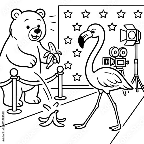 Bear and Flamingo: A delightful cartoon scene where a Flamingo walks the red carpet while a bear enjoys banana. The scene is brimming with fun and whimsical elements.
