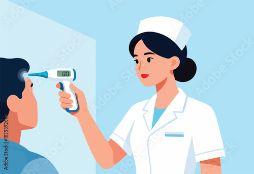 A nurse in white uniform takes the temperature of a patient's forehead using a digital thermometer