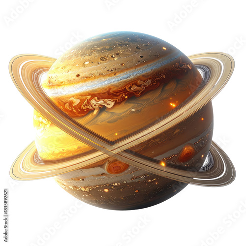 Ringed gas giant planet with brown, orange, and white bands