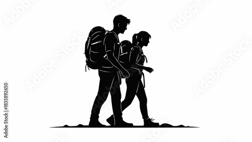 Silhouette of two backpackers walking side by side, ready for adventure.
