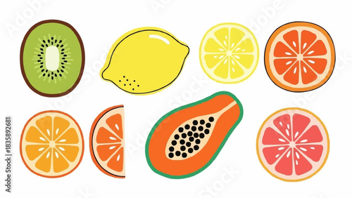 Assortment of Colorful Tropical Fruits - Kiwi, Lemon, Papaya, and Citrus.